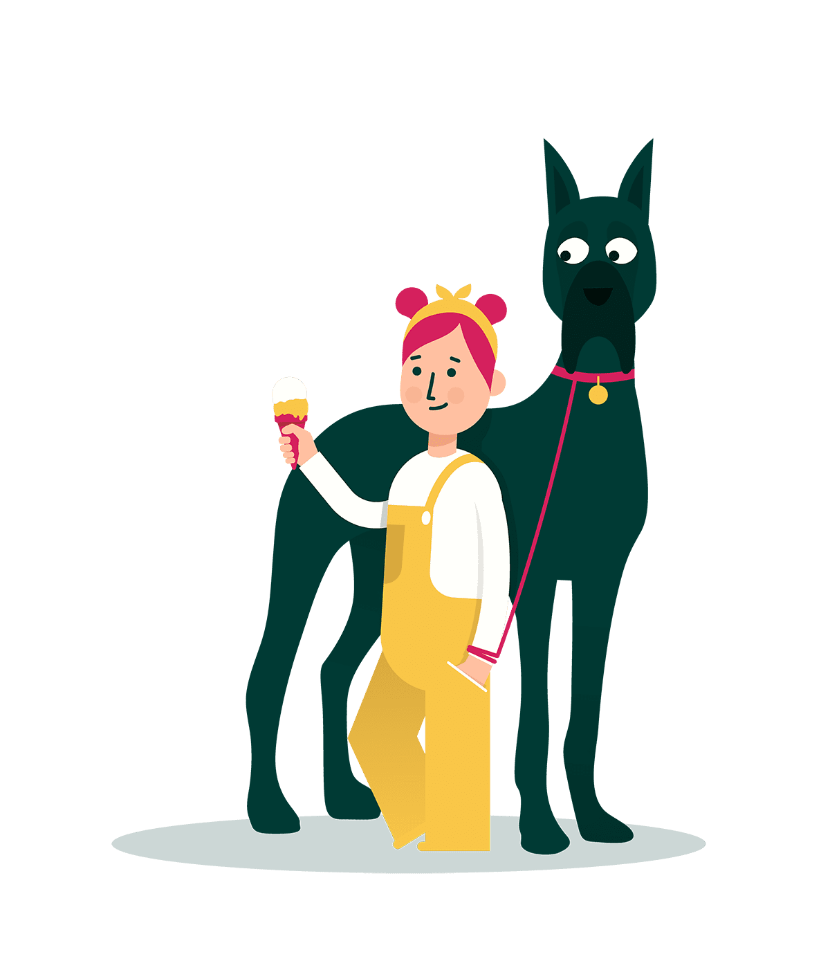 A graphic of a woman eating ice cream with a large dog.