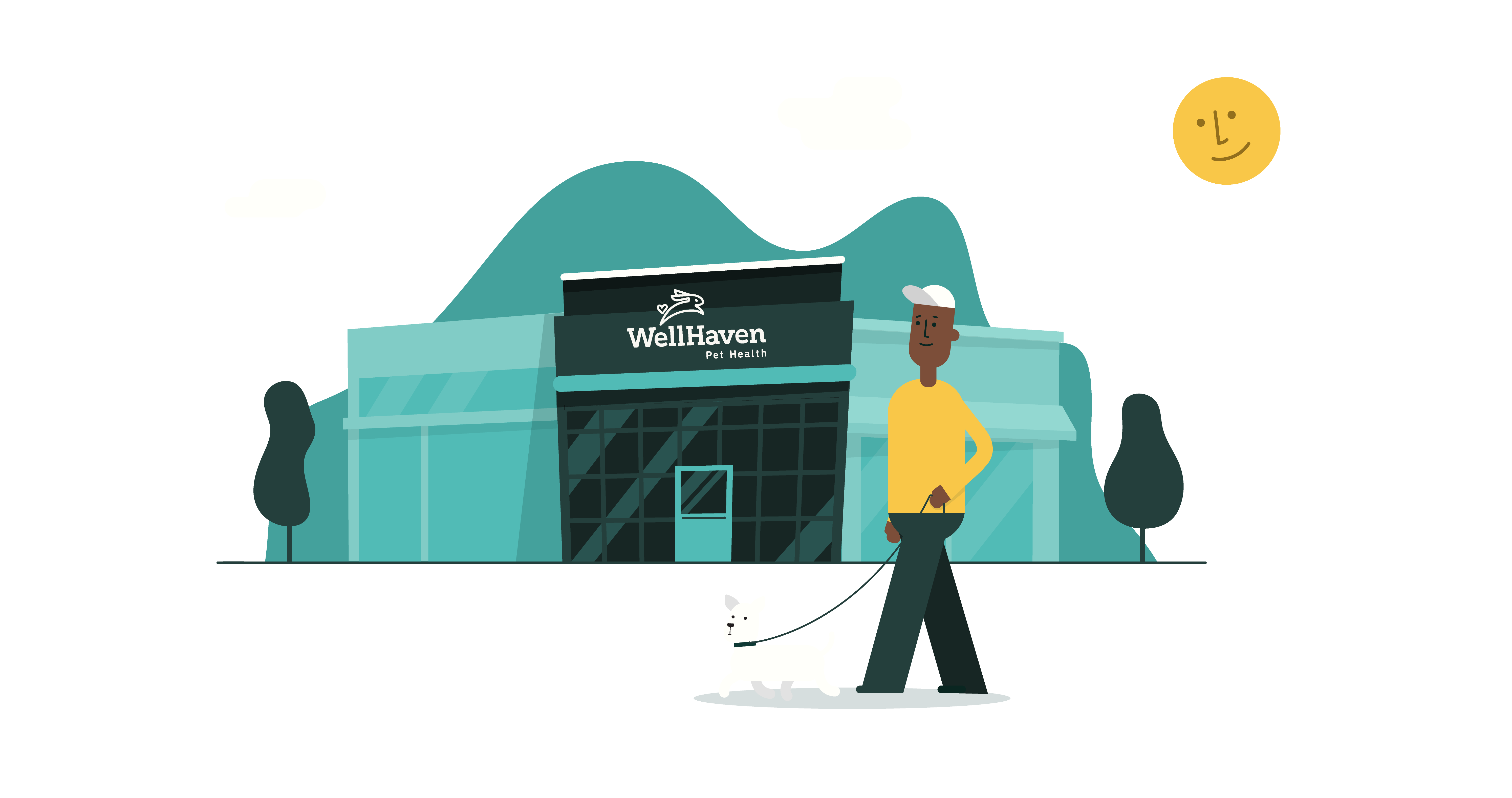 A graphic of a man walking a dog in front of WellHaven Pet Health in Maple Grove, MN.